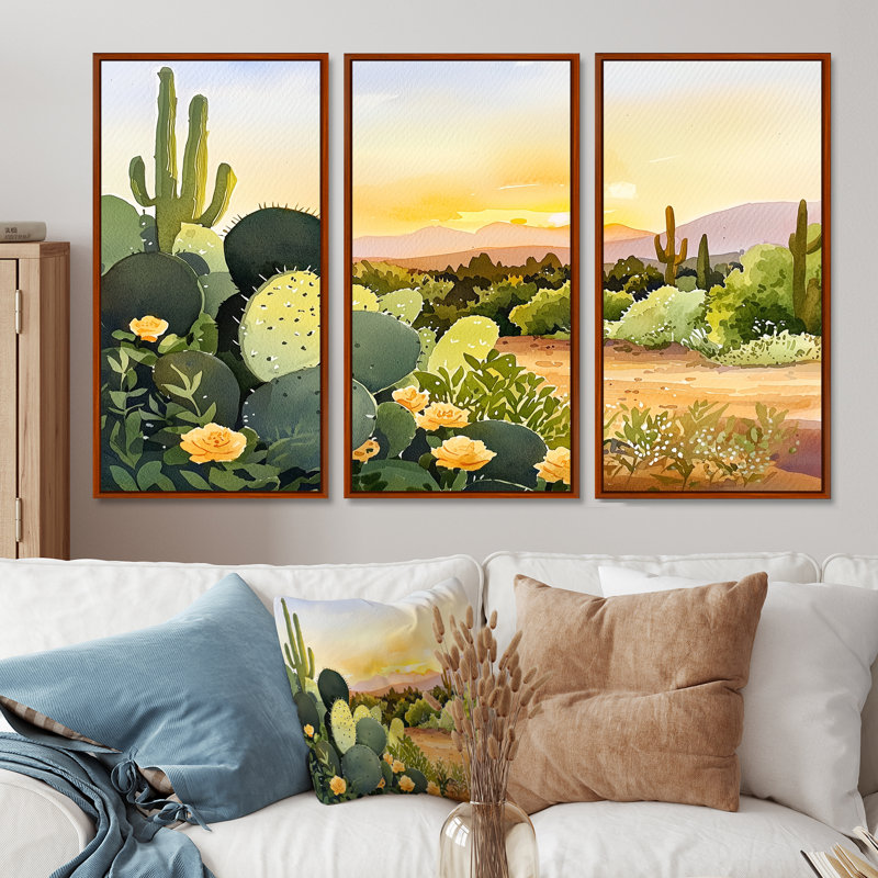 Cactus paysage au coucher du soleil III - ensemble d'art mural floral cactus, Brown, Reproduction avec cadre flottant