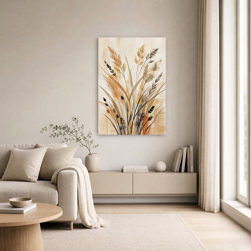 Tableau aquarelle sur toile représentant du blé et de l'herbe dans des tons terreux, H 36 po x l 24 po