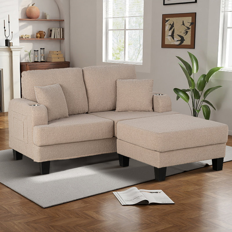 Causeuse rembourrée de 60 po avec repose-pieds, canapé de 22,5 po avec porte-gobelet et port USB / Type-C, Boucle, gris foncé