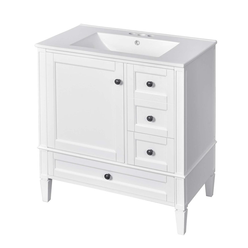 Meuble-lavabo moderne avec lavabo en céramique et plusieurs options de rangement, Blanc