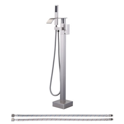 Single-Handle Brass Freestanding Tub Faucet With Handheld Shower, Waterfall Floor Mount Bathtub Filler