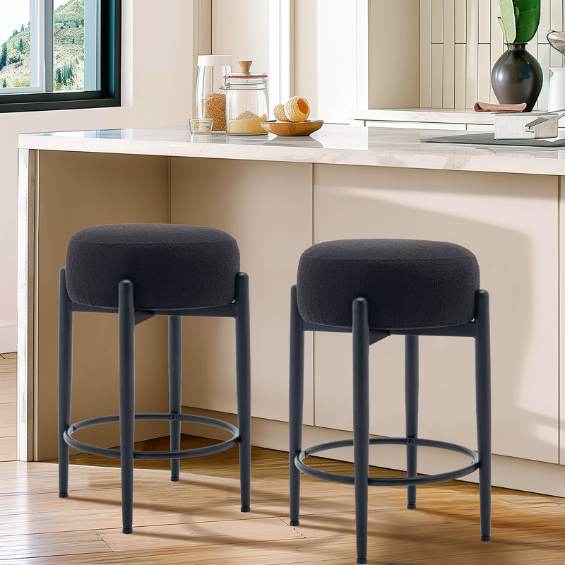 24" Modern Upholstered Bar Stool, Round Counter Height Stool with Black Metal Frame & Footrest, Soft Lambswool-Inspired Seat for Kitchen Island