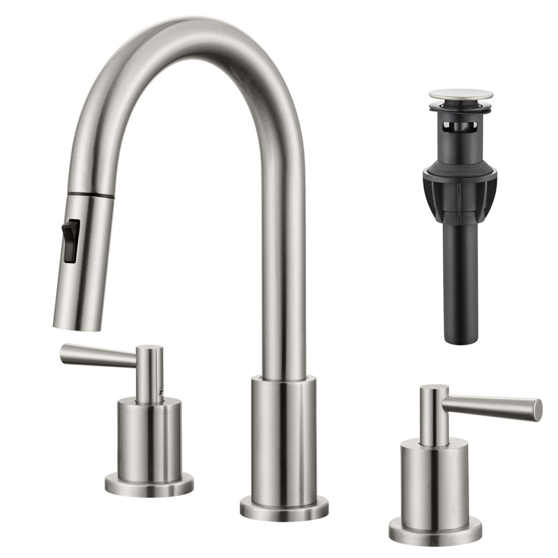 8 In. Widespread Double Handles Pull Down Bathroom Sink Faucet With Dual Mode Spout And Pop Up Drain, Matte Black
