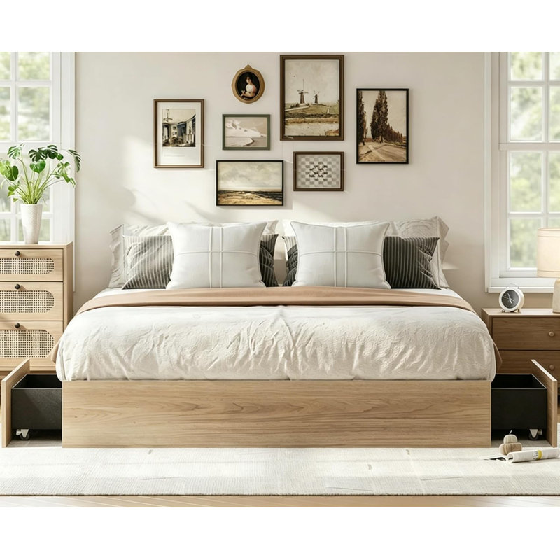 Cadre de lit Queen avec 2 tiroirs de rangement, lit plateforme en bois, cadre de chambre à coucher avec rangement, Grand lit