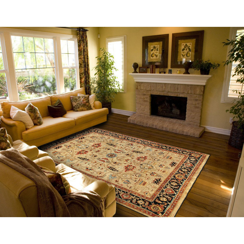 Tapis oriental doré riche en laine noué à la main Herta, Rectangle 7 pi 9 po x 9 pi 9 po