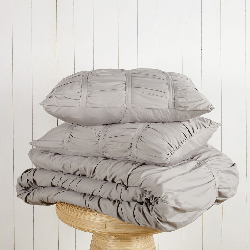 Emily Ruched Solid Textured Comforter Set, Light Gray, Twin/Twin XL Comforter + 1 Standard Sham