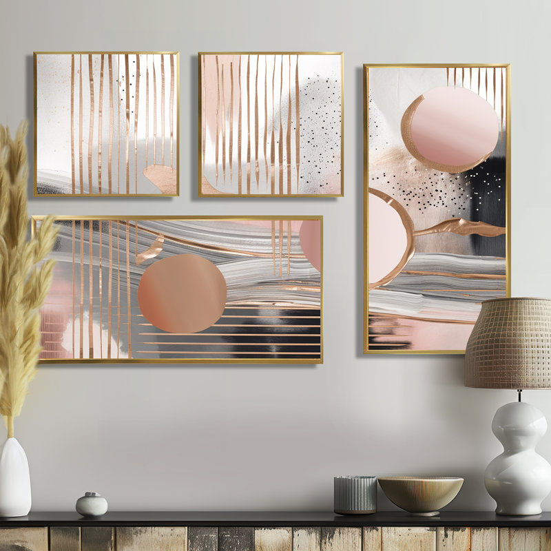 «Pink Rosegold Circle Chaos IV», reproduction d'art abstrait transitionnel sur toile 4 pièces, Doré