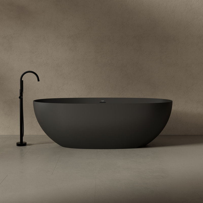 Monblari 63" X 30" Solid Surface Freestanding Black Soaking Bathtub With Overflow And Pop-Up Drain For Bathroom, Matte Black