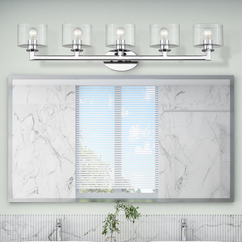 Très grande applique pour meuble-lavabo en chrome poli 5 lumières avec verre soufflé à la bouche, Chrome poli, 5