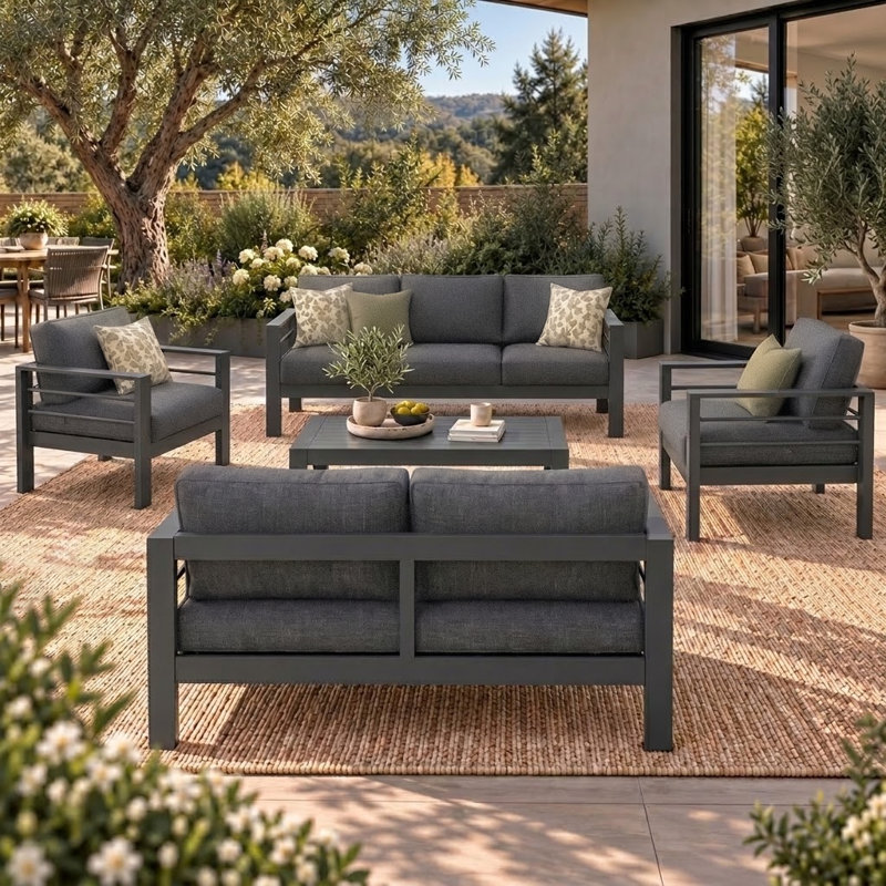 Ensemble de conversation de patio en aluminium pour 7 personnes avec coussins amovibles