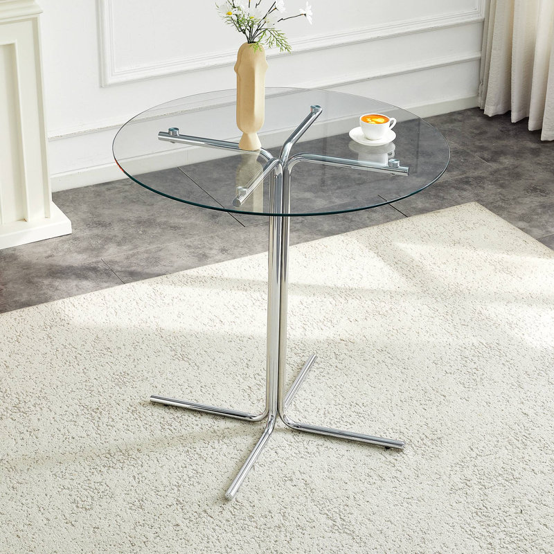 Table ronde haute en verre, table ronde, plateau en verre trempé, support robuste à quatre colonnes plaqué en chrome argenté, convient aux tables rondes transparentes