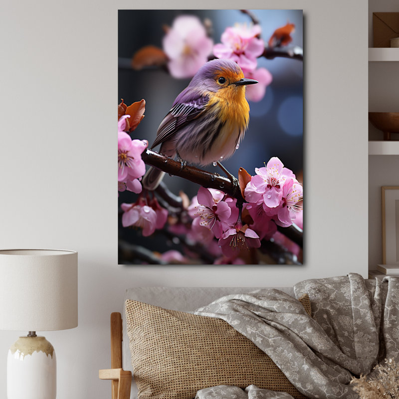 Oiseau jaune sur une fleur de cerisier III sur toile, H 40 po x l 30 po x P 1,5 po, Toile tendue