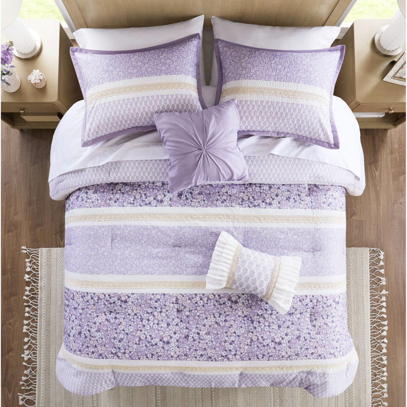 Ensemble de literie 5 pièces en seersucker double / grand avec coussins décoratifs - style floral, broderie sur les coussins, aspect couette et coussin, trois motifs, lavable à la machine