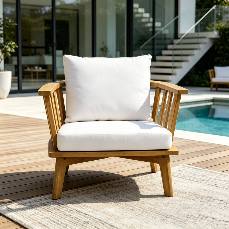Outdoor Acacia Wood Patio Club Chair, Wooden Patio Furniture, White-1chair