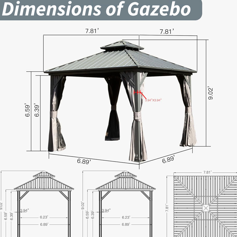 Pavillon de jardin en aluminium et métal avec double toit et rideau, idéal pour la terrasse, la cour, la terrasse, le toit en acier galvanisé gris, gris divertissement