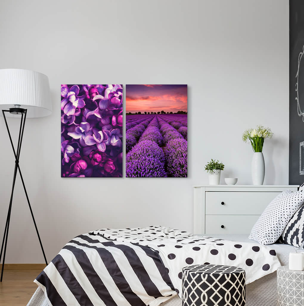 2-tlg. Leinwandbilder-Set - Fotografie „Orchid Flowers Lavender Field Picturesque Dreamlike Relaxing”