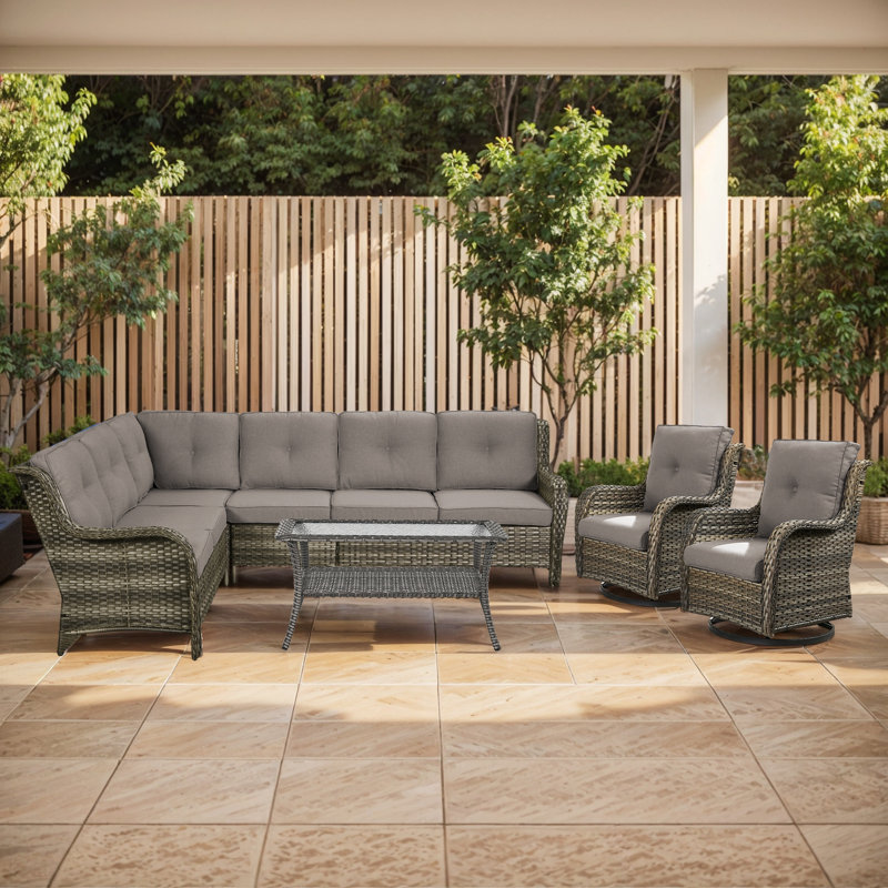 7-Person Outdoor PE Rattan Sectional Seating Group With Cushions, Gray, Gray