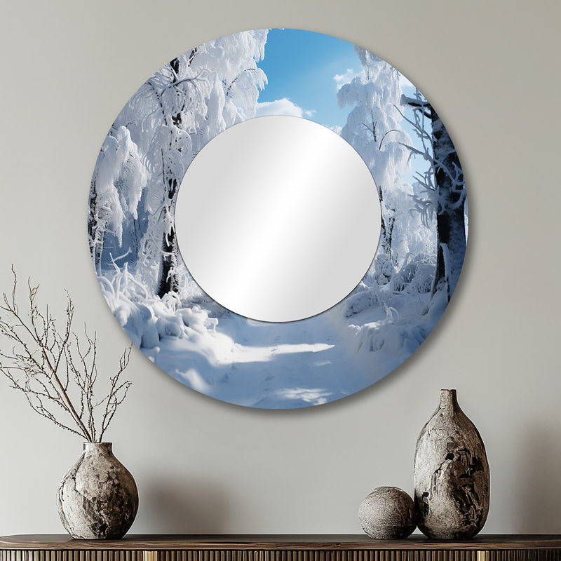 Winter Frosty Forest IV - miroir de paysage d'hiver, miroir mural décoratif rond traditionnel, impression d'art en métal