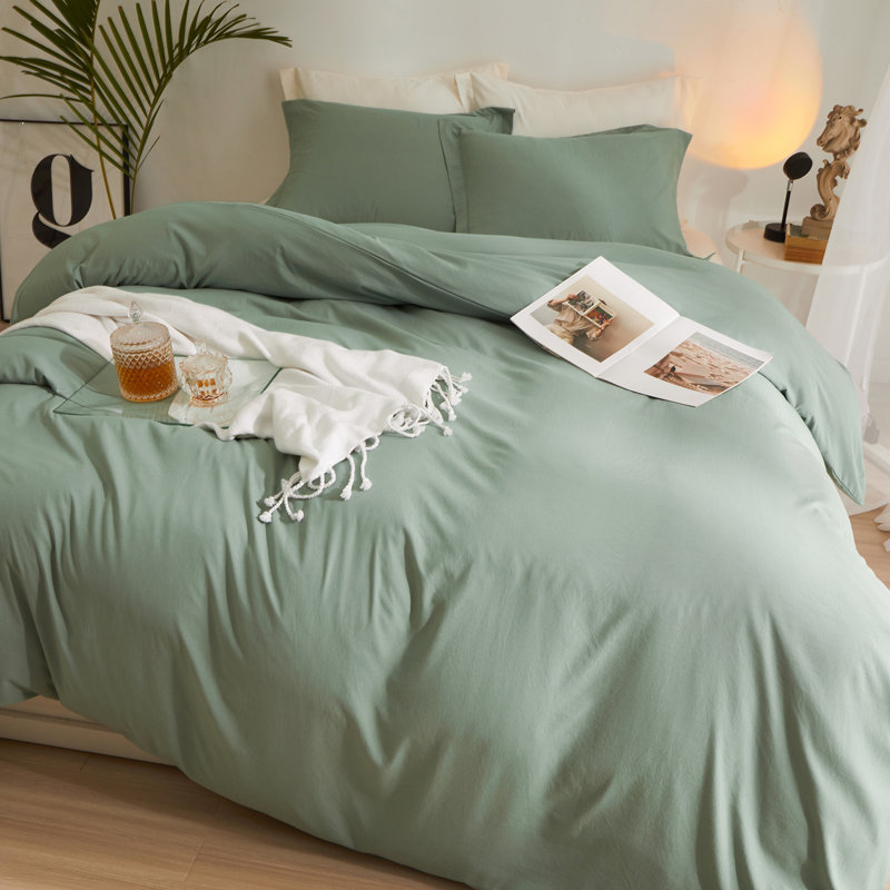  Breathable Washed Microfiber Duvet Cover Set, Light Green, Queen Duvet Cover + 2 Standard Shams