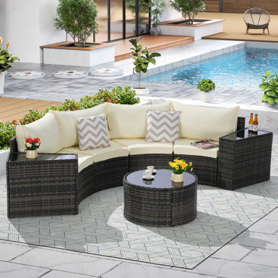 Outdoor Patio Furniture 7-Piece Half-Moon Sectional Round Patio Furniture Set Sofa With Tempered Glass Round Coffee Table
