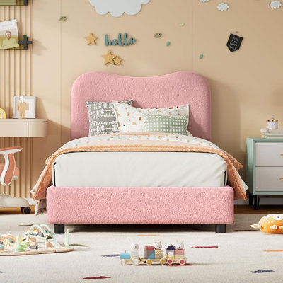 Lit plateforme simple avec tête de lit tapissier, lattes de bois, aucun sommier requis, rose