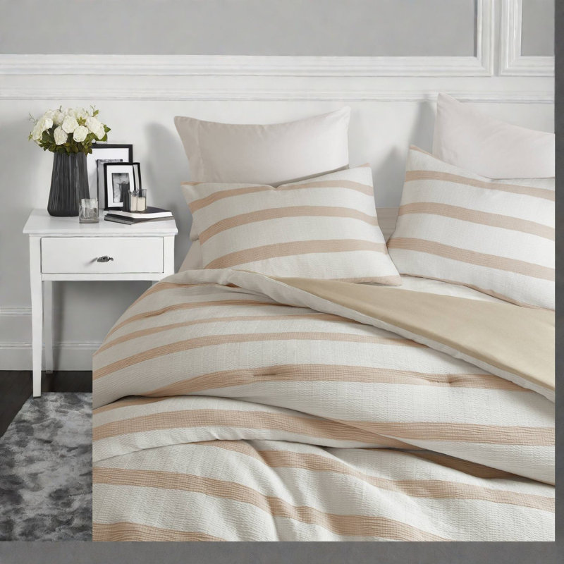 Ensembles de literie rayés de qualité supérieure teints en fil, édredon 3 pièces en polyester taupe, design minimaliste moderne pour une utilisation toutes saisons