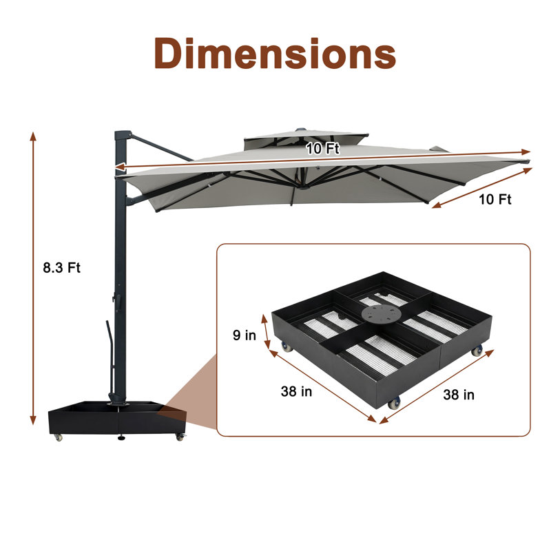 Parasol lumineux en porte-à-faux 10X10ft, L 119 po x P 119 po, Gris