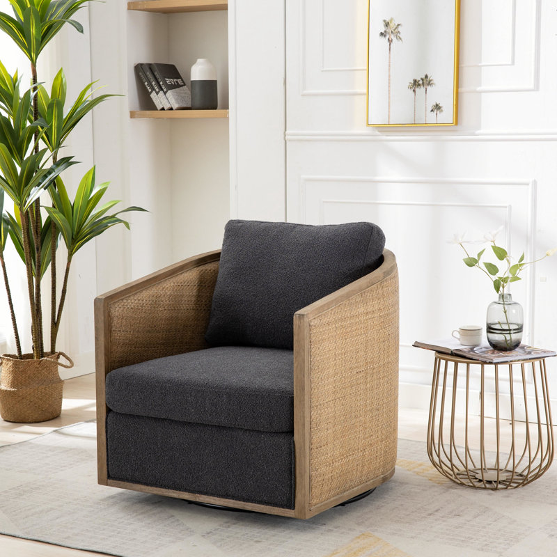 Marylyn 30.12" W Swivel Barrel Chair,Arm chair,Living room chair with wooden frame, Boucle Black