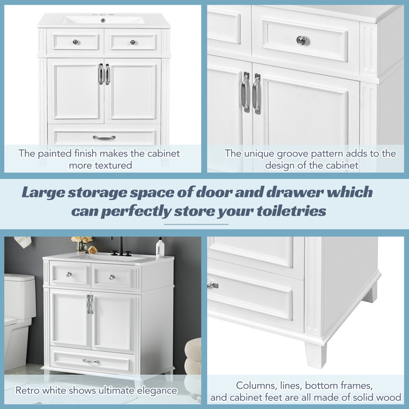  Meuble-lavabo de 30 po avec lavabo en céramique, armoire de rangement en bois massif avec portes à fermeture douce, blanc