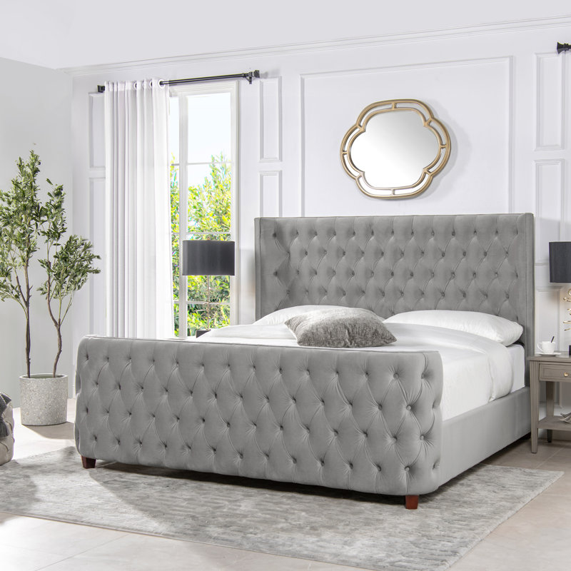 Currier Upholstered Wingback Bed, King, Opal Gray Velvet