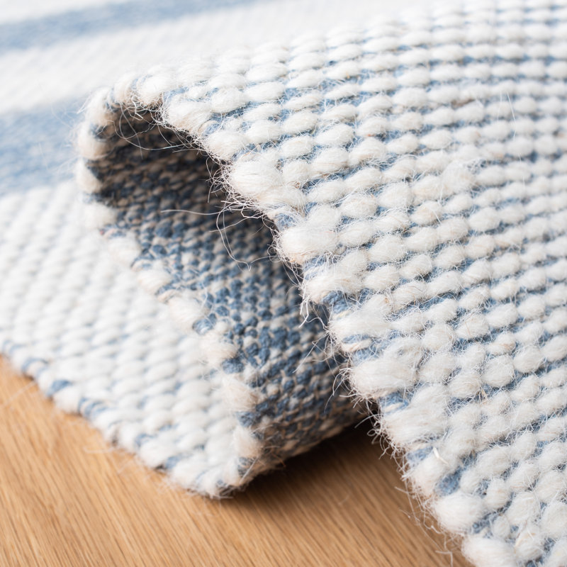 Wisen Hand Woven Cotton/Wool Striped Rug in Ivory/Blue, Rectangle 9' x 12'