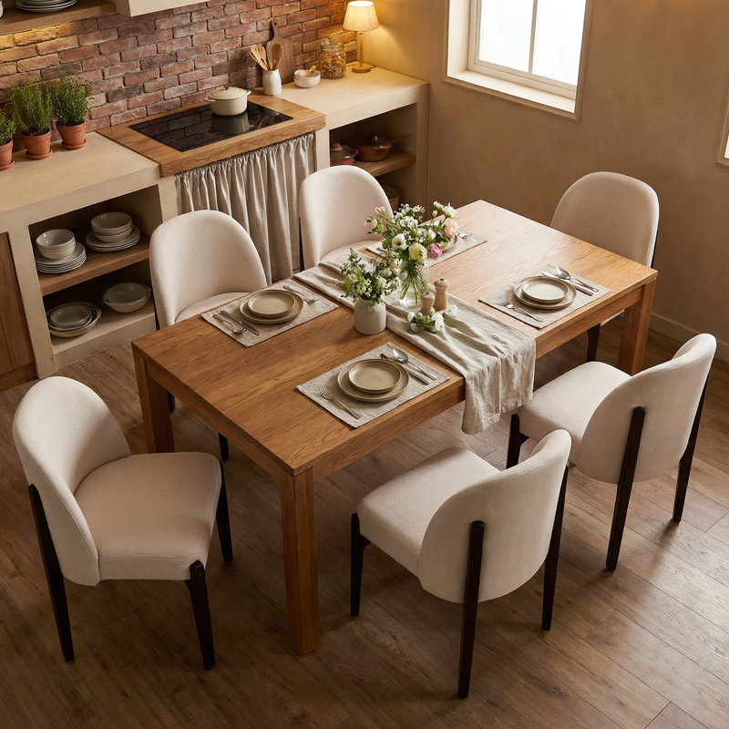 Ensemble de 6 chaises de salle à manger en bois rembourrées en tissu Ahn, 6, Beige