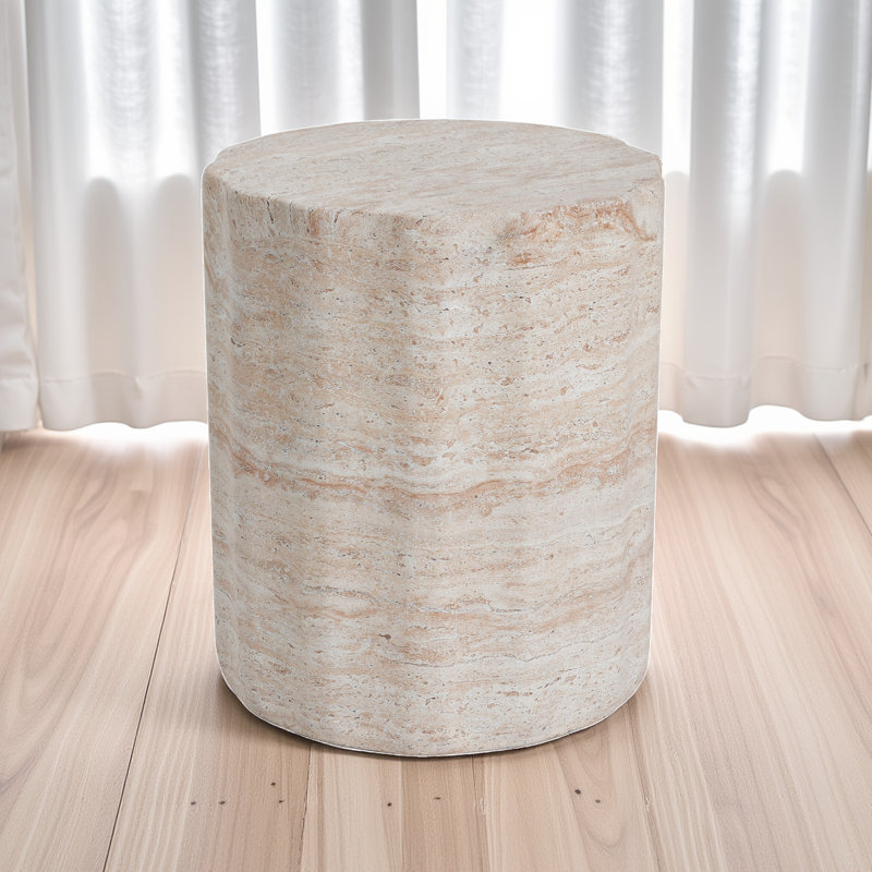 Indoor/outdoor Lightweight Concrete Side Table - Travertine Finish, Cylinder Structure