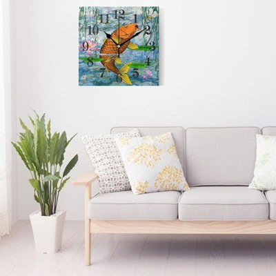 WIHVE Horloge murale carrée Monet nénuphars Poissons Horloge murale à pile 8 po Horloge de bureau à suspendre Décoration pour le salon, la salle de bain, la chambre à coucher, la cuisine