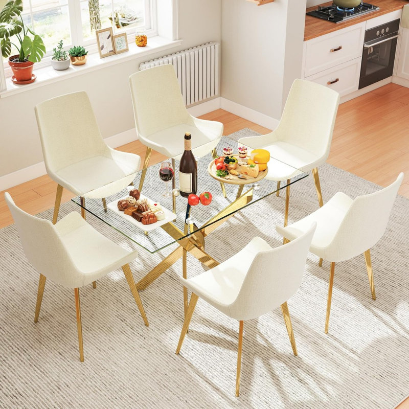 Table de salle à manger rectangulaire moderne en verre trempé de 47,24 po pour 4 personnes avec base en métal doré Modern
