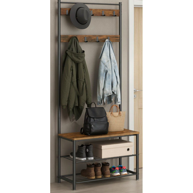 Steel Frame 3-In-1 Entryway Tree/Clothes Rack + Shoe Cabinet + Bench. Industrial Retro Style In Brown And Black. Dimensions: 12.5 X 27.7 X 68.8 Inches.