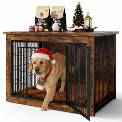 Wooden Dog Crate Furniture with Front & Side Doors and Thick Cushion | Heavy-Duty Kennel, Side End Table, Anti-Chew Design for Small to Large Dogs