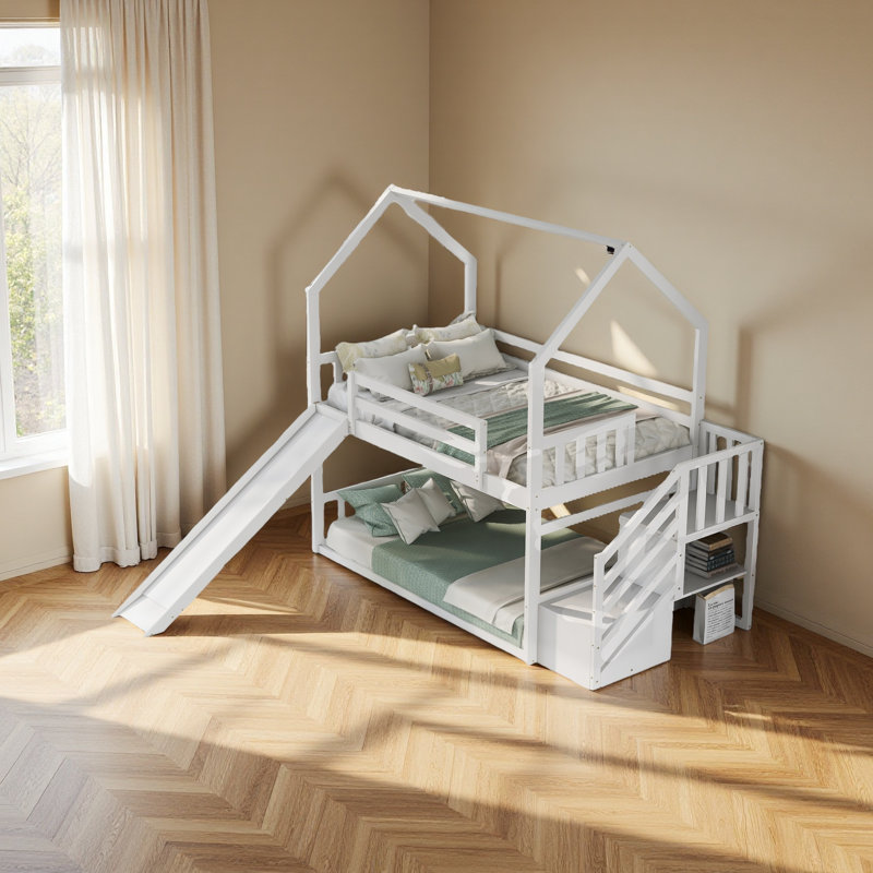 Lit superposé simple au dessus d'un lit simple avec glissière convertible, escalier de rangement pouvant être placé à gauche ou à droite