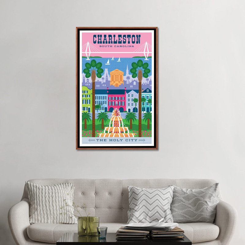 Affiche de voyage Charelston par Jim Zahniser-impression d’art graphique, Toile avec cadre en bois brun classique