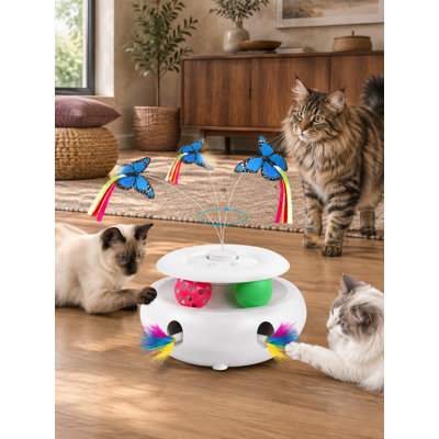 Jouet interactif automatique 3 en 1 pour chats d'intérieur avec papillon, plume d'embuscade et balles de suivi, réveil par capteur intelligent et alimentation USB pour l'exercice et la lutte contre l'ennui