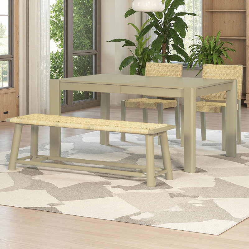 Extendable Farmhouse Dining Table Set for 4-8 - Rattan Chairs & Dual-Tone Finish, Child-Safe Compact Design, Champagne