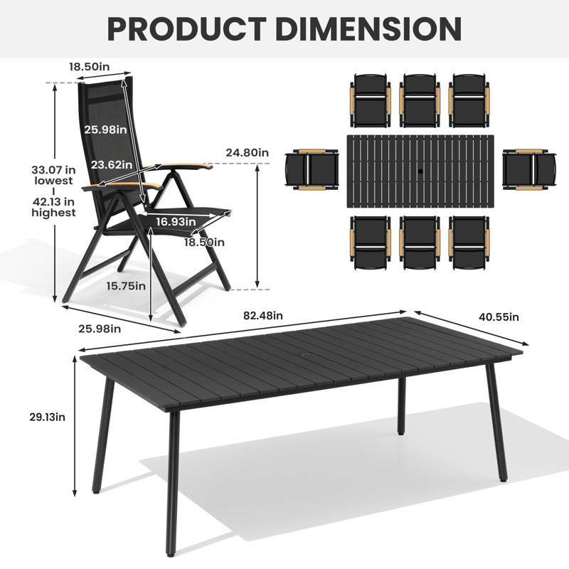 8-Person Outdoor Dining Set with Aluminum Frame  and Folded Reclining Armchairs, Black