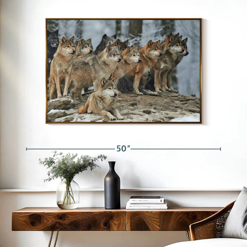 Wild Wolf Pack, 40" X 27", Floating Frame Gold