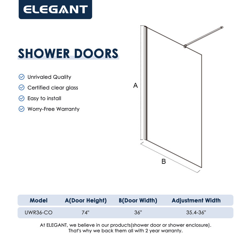 74 In. H Frameless Shower Door in Matte Black, Fixed Single Shower Panel with 5/16" Tempered Glass, 36'' W