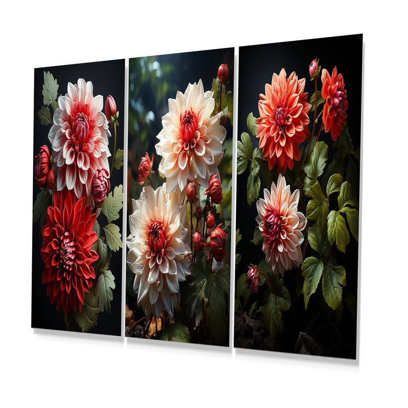Bouquet de dahlia rouge et vert Harmony I - Dahlia, ensemble d'art mural en métal 3 pièces, H 28 po x l 36 po