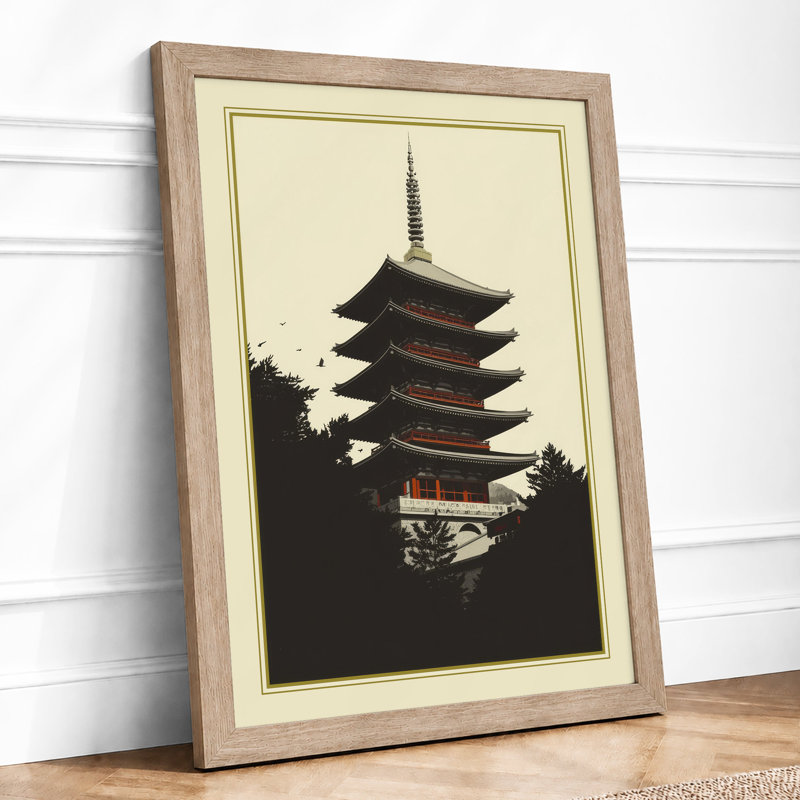 Pagoda in Silhouette Japandi - Framed Print, A1 - 84.1 x 59.4 cm, Oak