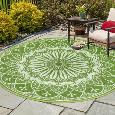Tapis d'extérieur rond et réversible imperméable 9 pi avec sacs de transport Tapis de paille en plastique léger Tapis de camping pour véhicule récréatif
