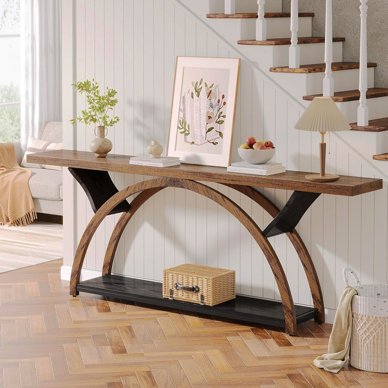 70.87" Console Table With Storage Shelf, Narrow Long Sofa Table Behind Couch Table, 2-Tier Rustic Entryway Table With Half Moon Frame For Hallway Living Room (Brown & Black)