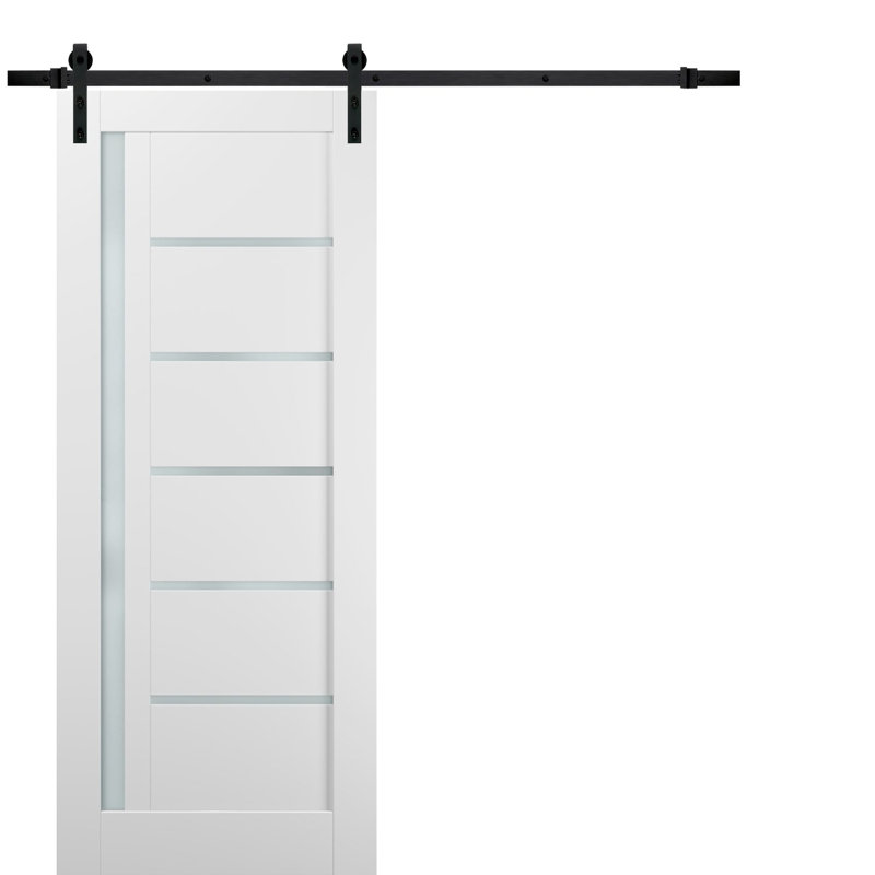 Porte de grange robuste Quadro 4088 Blanc Soie avec verre dépoli, rail de 2 m, quincaillerie renforcée, porte intérieure à panneau plein (45,7 cm x 203,2 cm), verre dépoli, rail noir.