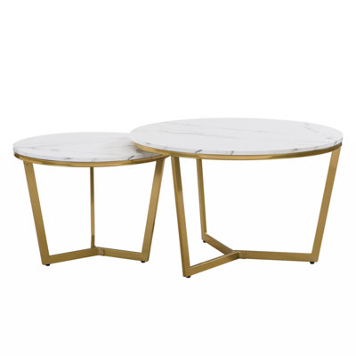 Modern Round Nesting Coffee Table Set 2-Piece White & Marbling Top Gold Base -  Mercer41, 3C1A176A207347E1A2A19250BDE2E3C2